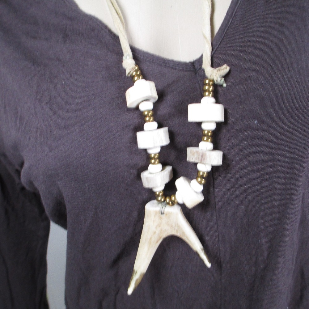 DEER ANTLER & BEAD NECKLACE TAN SUEDE HANDMADE